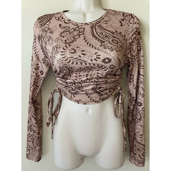 Brown Paisley Ruched Drawstring Side Long Sleeve Stretchy Crop Top Size S - Picture 7 of 7